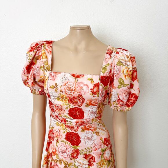 [Rachel Parcell] Pink Rose Floral Puff Sleeve Lace Trim Spring Midi Dress NWT 8 - Picture 4 of 12